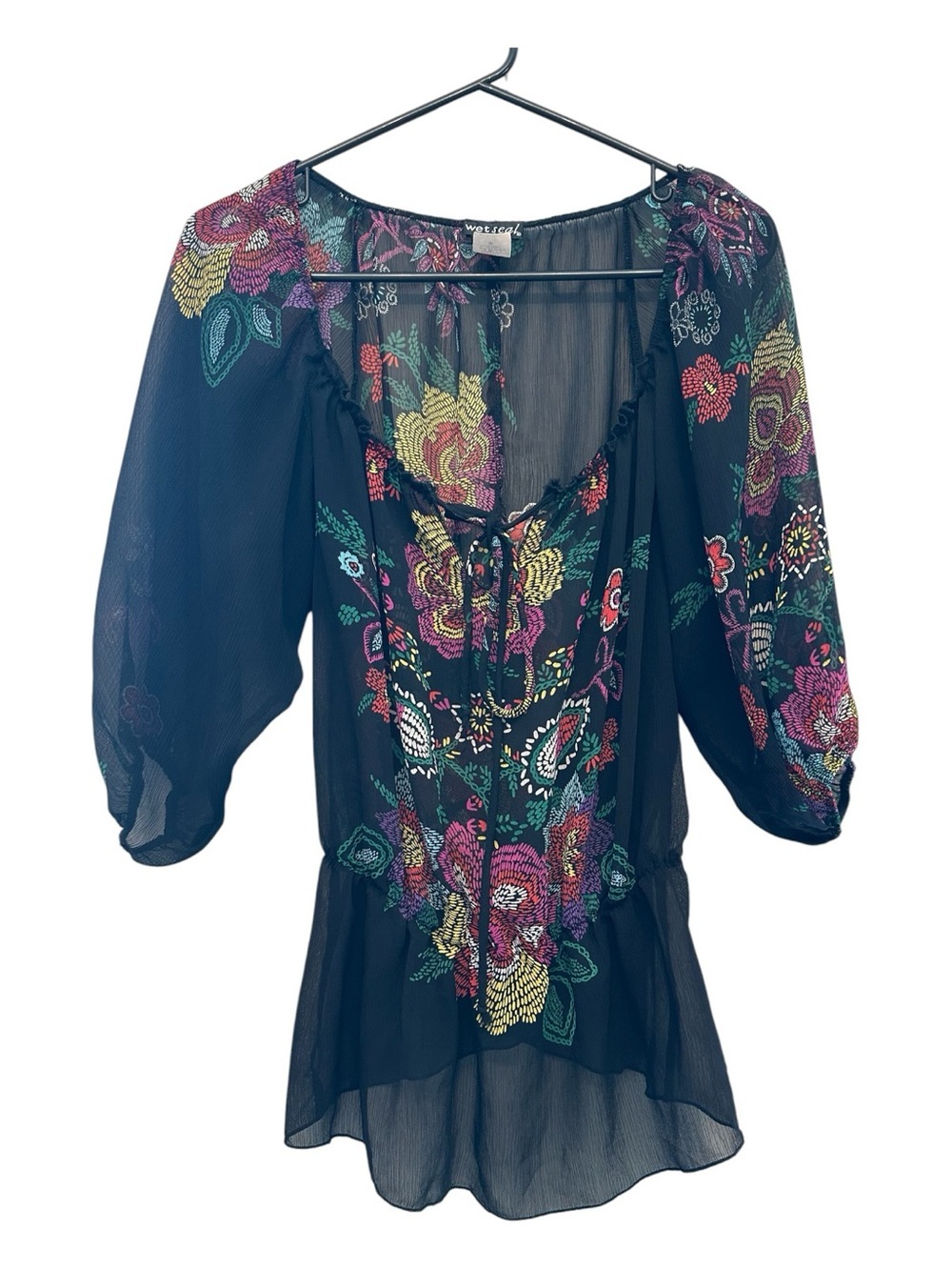 Y2K Fairycore Wet Seal Black Sheer Floral Peasant Blouse Size Medium